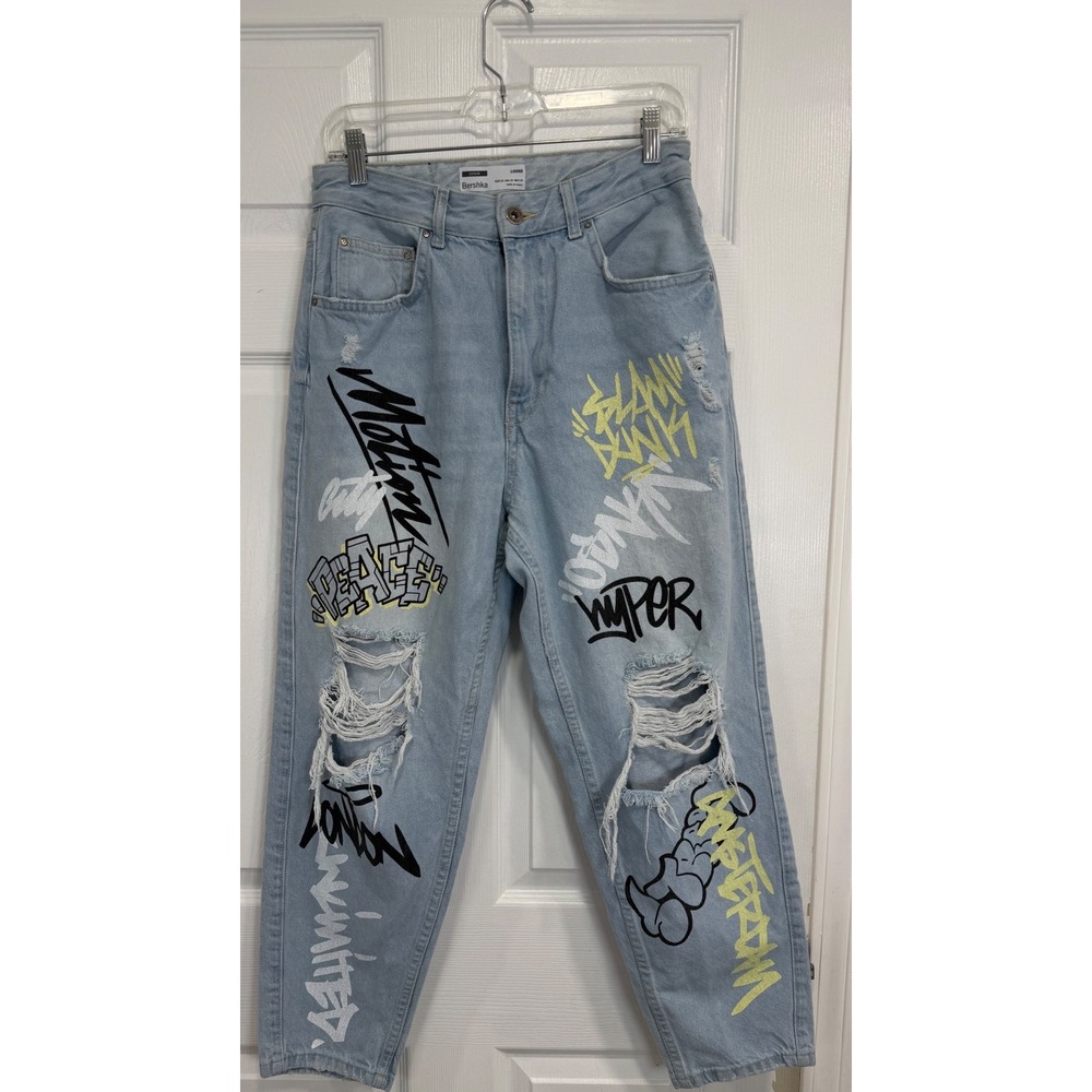 Bershka Denim Loose Graffiti Distressed Jeans Light Wash Women 30 Streetwear